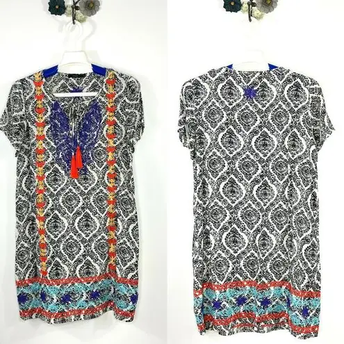 THML Damask Print Multicolor Embroidered Casual Tunic Dress Size Small FLAW