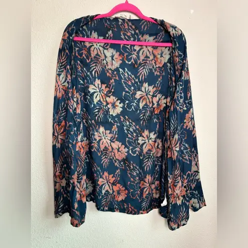 Soft Surroundings Open Front Tropical Floral Watercolor Flare Sleeve Kimono MP