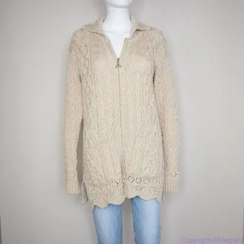 Inis Craft 100% merino wool fisherman‎ cardigan sweater, women's size S Brown