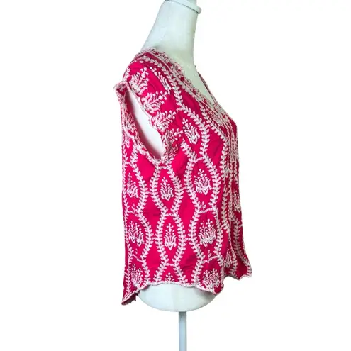 Solitaire Anthropologie Embroidered Top Boho Short Cap Sleeve Hand Stitched Sz L