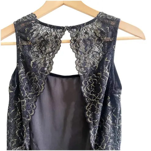 INC International Concepts Velvet Bodysuit Navy Gold Lace Size Medium Whimsygoth Blue