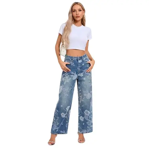 NWT ~ Women's Bohemian Wide Leg High Waist Floral Boho Denim Blue Jeans ~ LARGE Size undefined