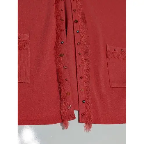Misook Vintage Fringe Beaded Cardigan Coral Pink Open Sweater Womens Large VTG