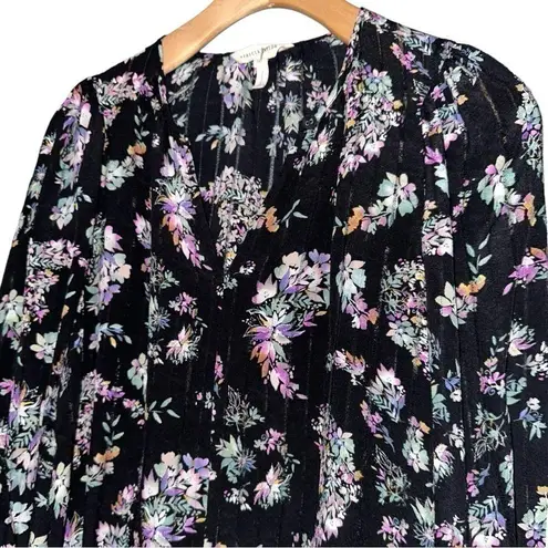 Rebecca Taylor  Women’s Size 00 Black Floral Printed Silk Keyhole Neck Top Blouse