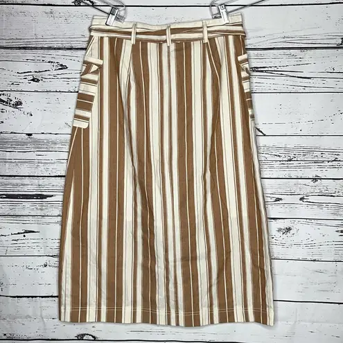 Hem & Thread NWT Size L Brown & Ivory Stripe Linen Blend Midi Skirt w/ Tie Belt