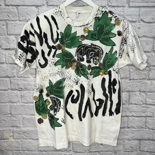 Vintage 90s Wet Paint Hand painted T Shirt White Jungle Zebra Rhinestone Size L Size L