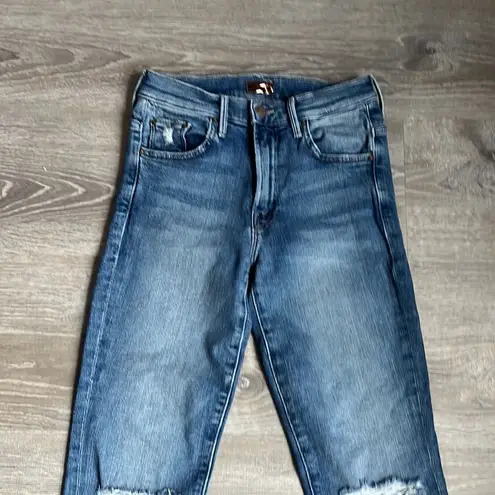 Mother The Insider Crop Step Fray Jeans in Reckless On A Shiny White Vespa Blue Size 24