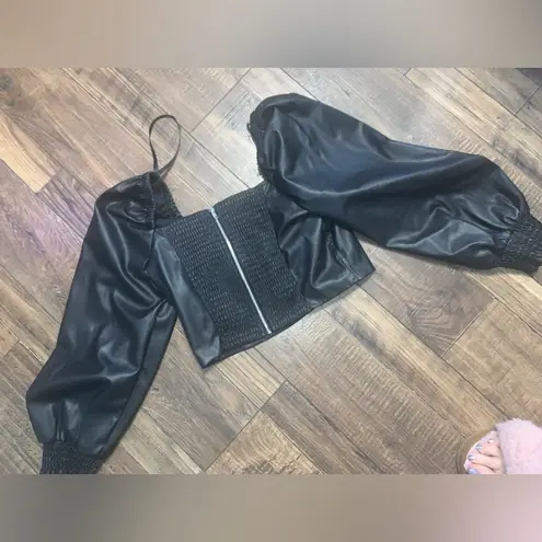 Avec Les Filles Black Faux Leather Puff Sleeve Top corset crop summer $98 boho