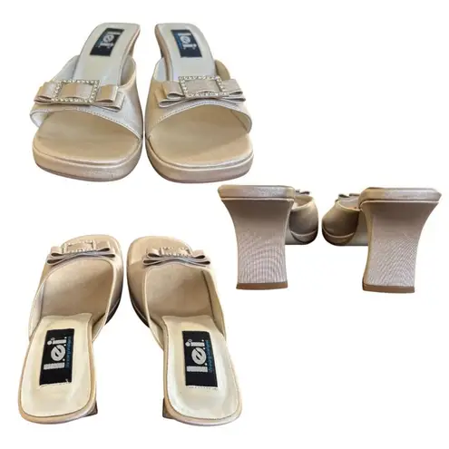 90'S VINTAGE Y2K L.E.I. SATIN CHAMPAGNE NUDE BOW RHINESTONE SANDALS 7.5 LIKE NEW Silver