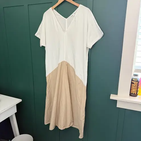 COS Draped Panel Cotton Jersey Dress Knee Length Two Tone White Beige