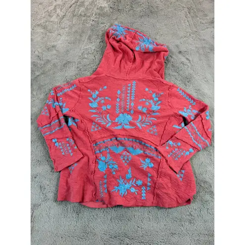 CAITE Sia Jacket Tampa Bay Coral Embroidered Hooded Open Front Cardigan Small Red