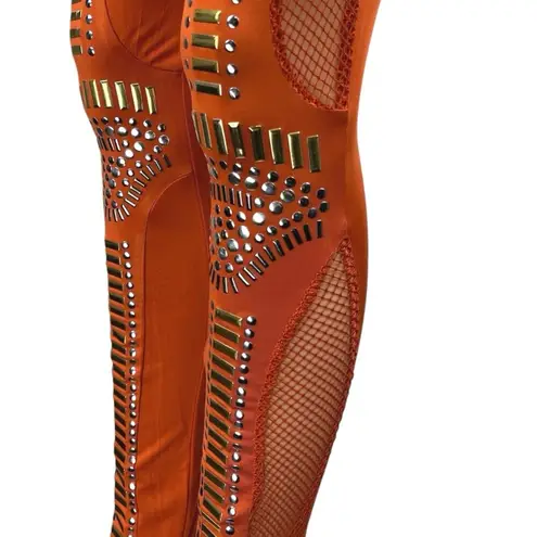 Rehab Orange Studded Fishnet Jeweled Skinny Mid Rise Trousers Leggings Pants L