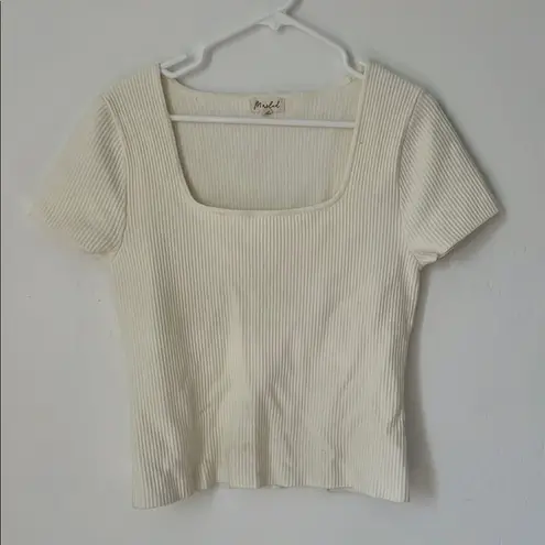 MARLED Ribbed Square Neck Short Sleeve Sweater Top Cream Size Large White
