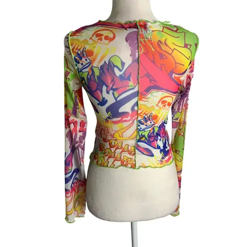 Jaded London Graffiti Print Mesh Top 6 Multicolored Cropped Long Sleeve Sheer