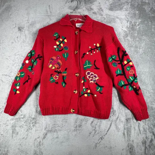 The Import Workshop Sweater Cardigan Embroidered Knit Button Up Red Womens Large - Image 2