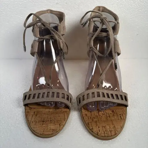 DOLCE VITA Loraine Ghillie Wedge Sandals Taupe Cork Women's 10 Die Cut Lace Up Brown
