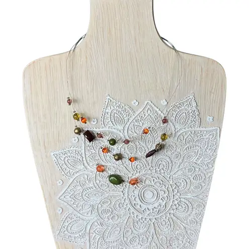 Handmade Beaded Layered Illusion Wire Necklace Orange Green Fall Tiered Boho 15-18.5” Adj