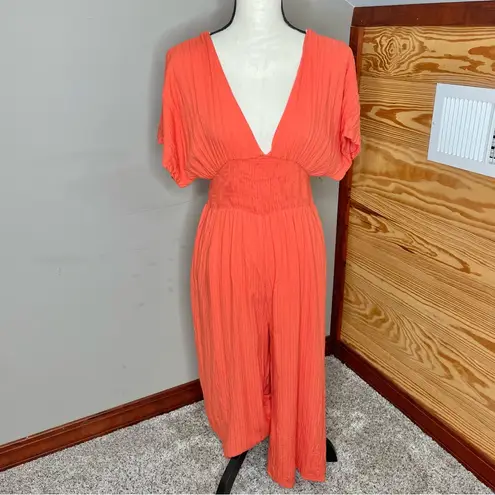 Lulus Spend Some Time Coral Smocked Short Sleeve Culotte Jumpsuit Medium Orange