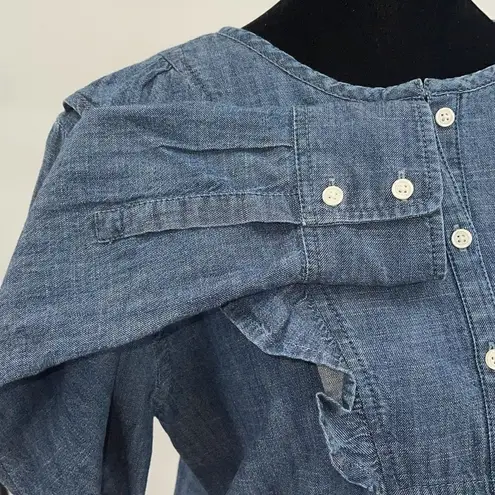 1901 Womens Chambray Ruffled Long Sleeve Blouse Blue Size Small