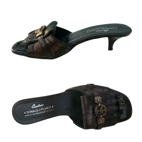 Donald Pliner Black Metallic Patent Gator Leather Slide Shoe Peace New $295 NIB Size 6.5