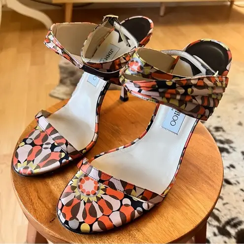 Jimmy Choo Geometric Groovy Print Satin Heels Ankle Wrap Size 39.5