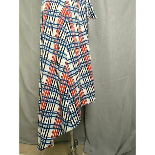 VERO MODA Blue Red Plaid Wrap Midi Dress Tie Waist Short Sleeve M