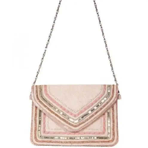 Embroidered Pink & Ivory Clutch with Removable Strap, New in Bag Pink