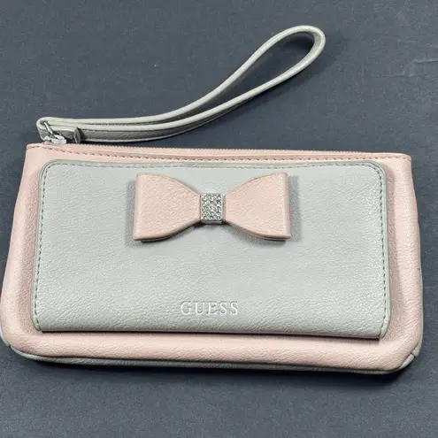 Guess Pink Gray Wristlet Wallet Rhinestone Bow Zip Clutch Card Holder Organizer