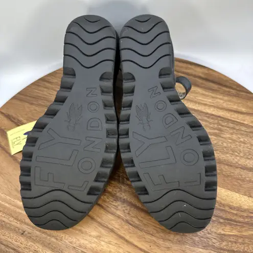 Fly London NWT Yuka Wedge Peep Toe Sandals Shoes Black Leather Size 39 US 8-8.5