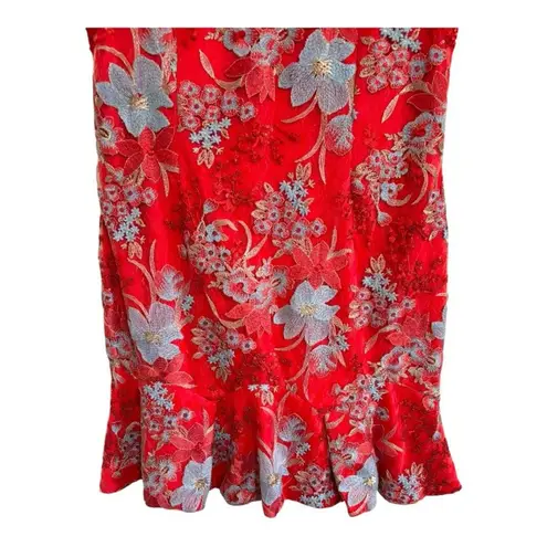 Boston Proper Red Floral Embroidered Midi Dress Flared Hem Sz 18 Mesh Overlay