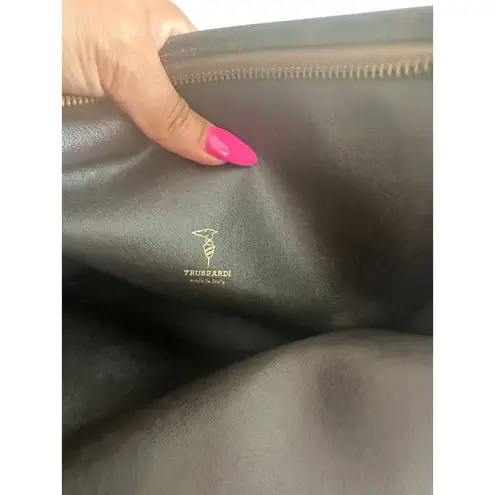 TRUSSARDI Brown Red Soft Leather Logo Pouch Bag