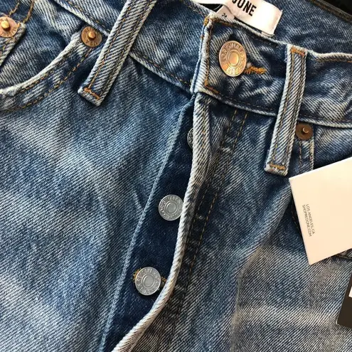 RE/DONE 90s Crop Low Slung Jeans Denim Button Fly Distress Straight Blue 25 NWT