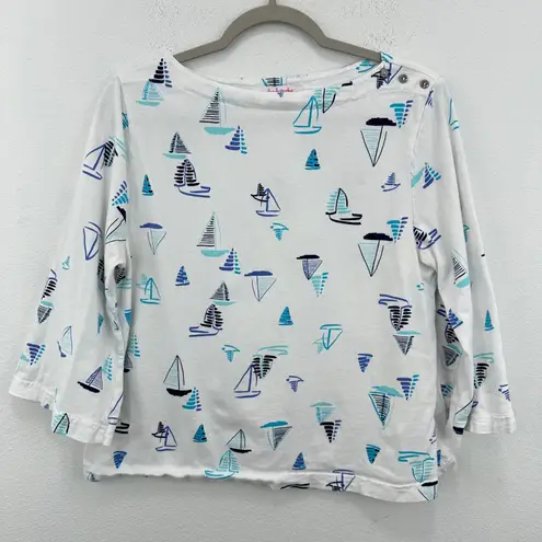 Fresh Produce Sailboat Print Boatneck Top Nautical 3/4 Sleeve White Blue