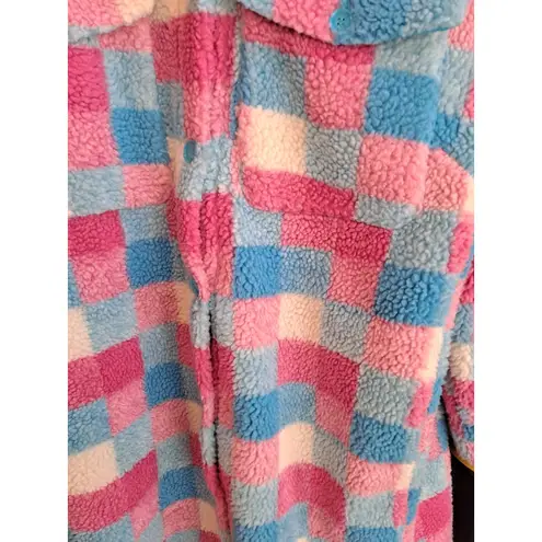 Cozy Sherpa Checkered Shacket Pink Blue White Womens Long Jacket Size XL