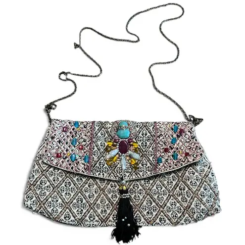 Beaded Boho Embellished Clutch Crossbody Bag w/ Chain Strap + Tassel Festival Black