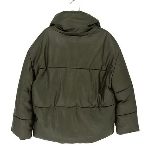 Avec Les Filles Faux-Leather Puffer Jacket Coat Size Small Olive Green Snap Clos