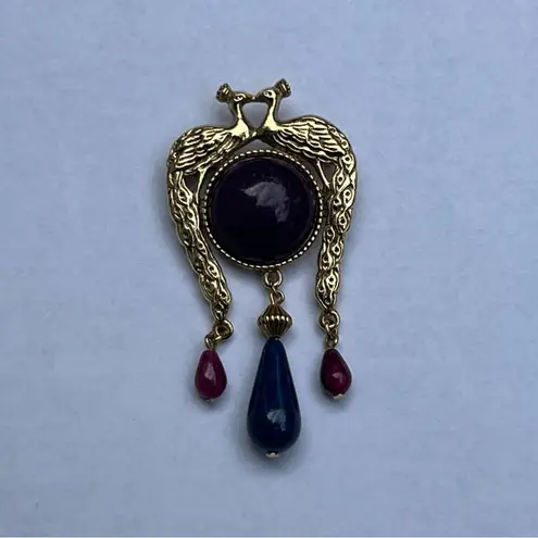 Art Deco Vintage Regal Gold Colored Kissing Peacock Birds Dangle Brooch Pin