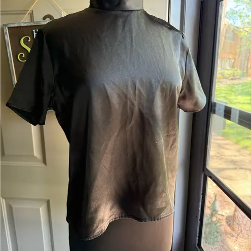 Vintage Notations black silky mock neck short sleeve plaid button blouse, size 8