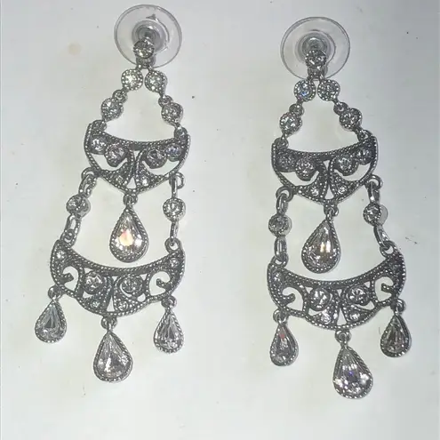 Monet  Silver Tone Clear CZ Chandelier Dangling Pierced Earrings