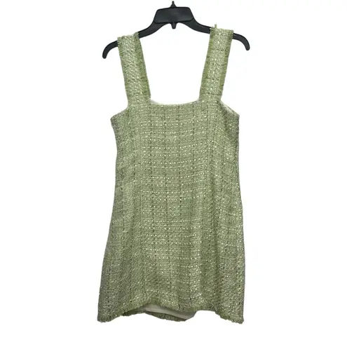 House Of Harlow Tweed Mini Dress Size XS Green Metallic Fringe Mod Sleeveless