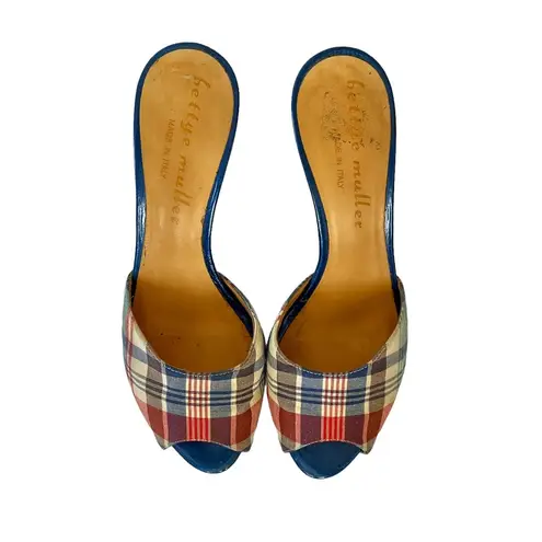 Bettye Muller Roulette Platform Slide Heels - Tartan Plaid Metallic Blue Mules