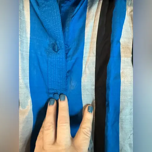 Vintage 1960S Thai Silk Blouse By Fair Lady Bangkok Blue Silver Stripe Medium