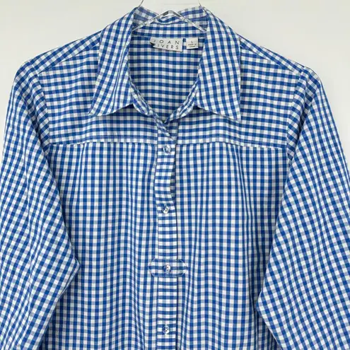 Joan Rivers  shirt blue white gingham check boyfriend tab long sleeve pockets L