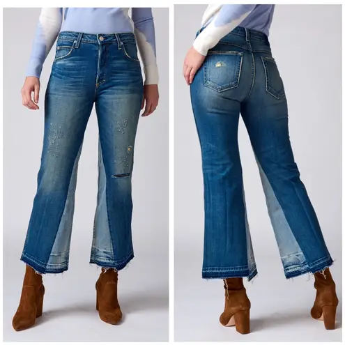 Anthropologie AMO Crop Boot Jeans Distressed w/ Raw Hem Button Fly Two Tone 24 Blue