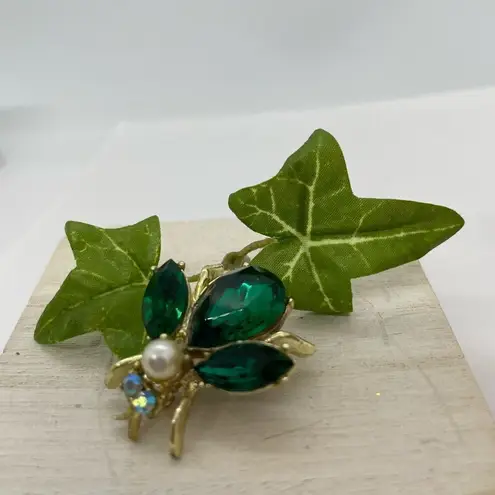 Vintage 60s Rhinestone Flying Insect Bug Brooch Pin Green Gold White Pearl