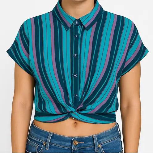 Vintage 80s Style Striped Crop Top Button