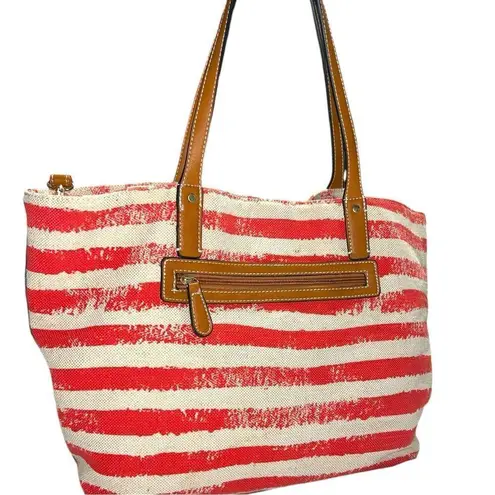 Canvas bag tan with red stripes!! Tan faux leather straps