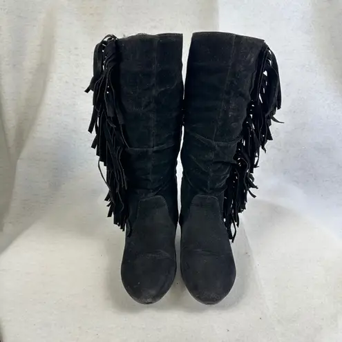 Black Suede Leather Fringe Slouch Boots Womens 6 Boho Western Festival Style