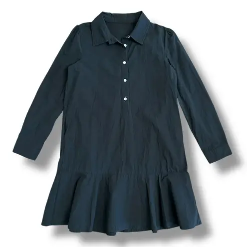 Black Cotton Collared Drop Waist Shirt Dress Women’s S Long Sleeve Ruffle Hem