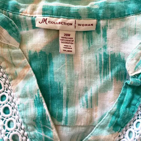 JM Collection Linen Blend Button Up 3/4 Sleeve Shirt Lace Trim Feminine Style 20 Green Size 20W